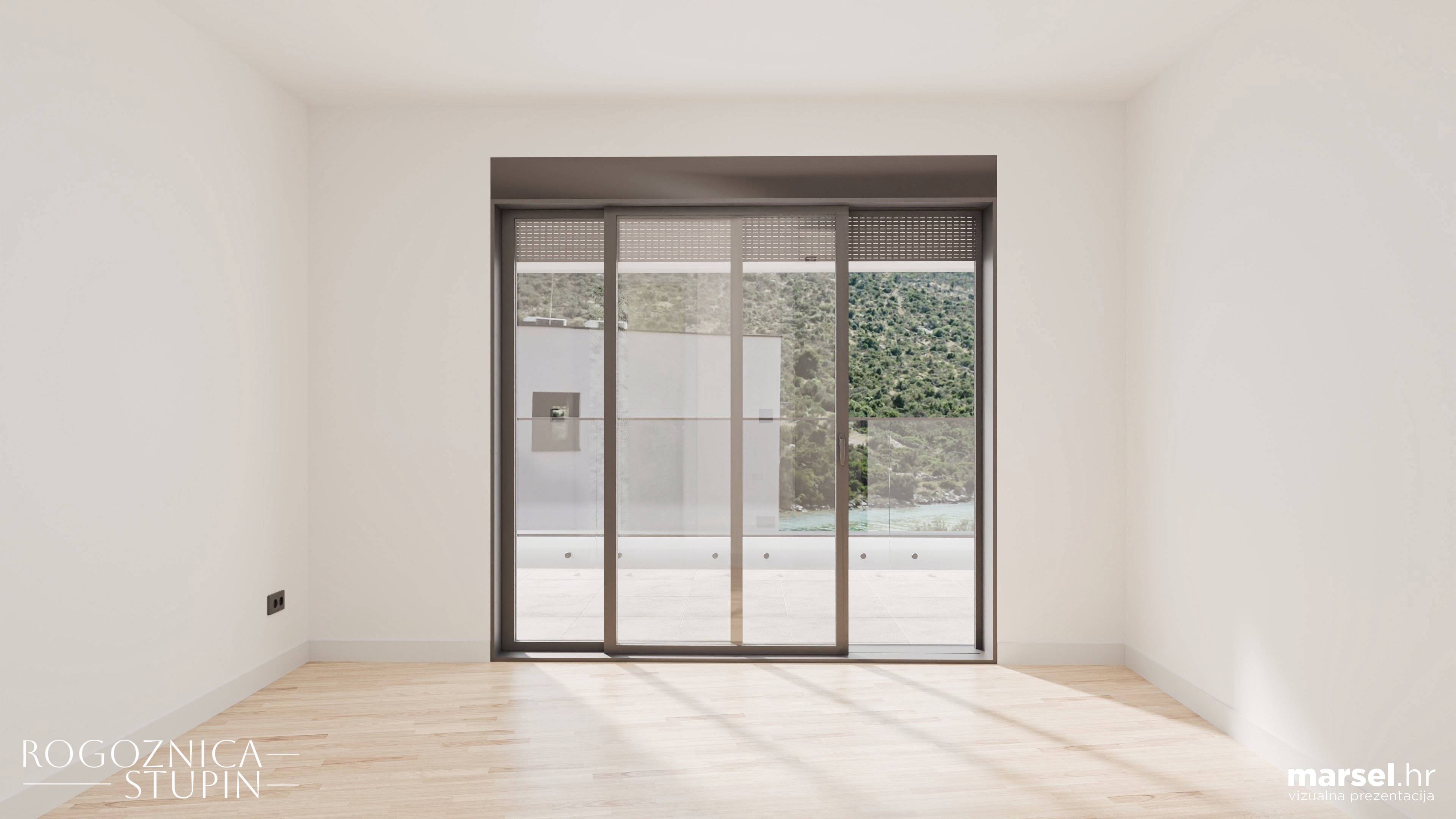 Vizualizacija interijera apartmana u novogradnji Rogoznica Stupin. Prostrani i svijetli unutarnji prostori s pogledom na more, idealni za stanovanje ili investiranje u apartman na dalmatinskoj obali.